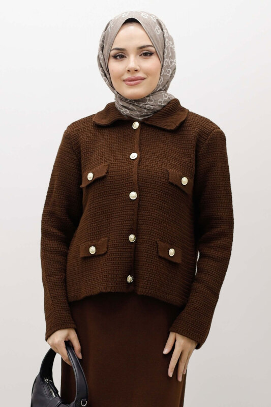 Süs Cepli Triko Hırka TSD250243 Kahverengi - 1