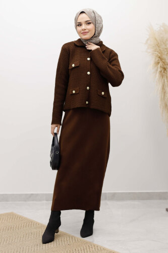 Süs Cepli Triko Hırka TSD250243 Kahverengi - 3