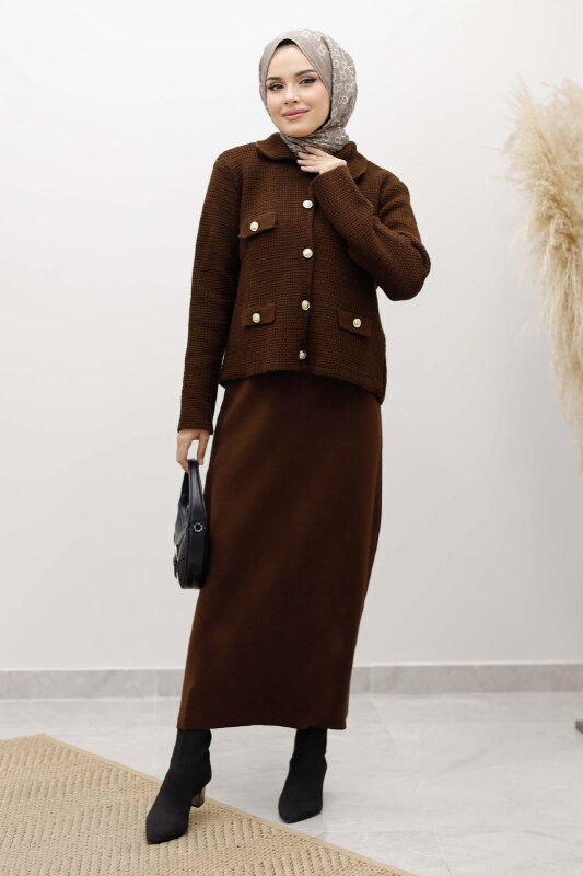 Süs Cepli Triko Hırka TSD250243 Kahverengi - 3