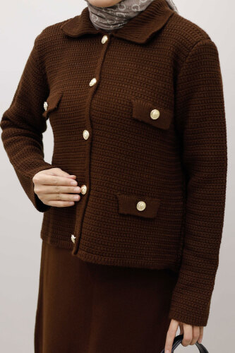 Süs Cepli Triko Hırka TSD250243 Kahverengi - 4