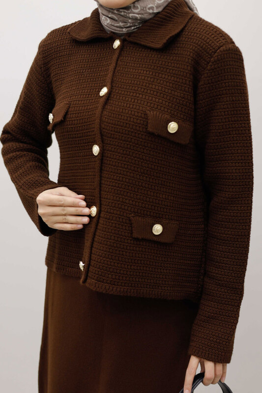 Süs Cepli Triko Hırka TSD250243 Kahverengi - 4