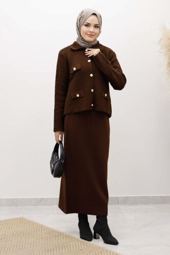 Süs Cepli Triko Hırka TSD250243 Kahverengi - 5