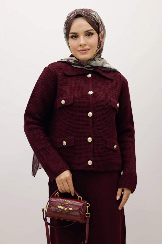 Süs Cepli Triko Hırka TSD250243 Mürdüm - 1