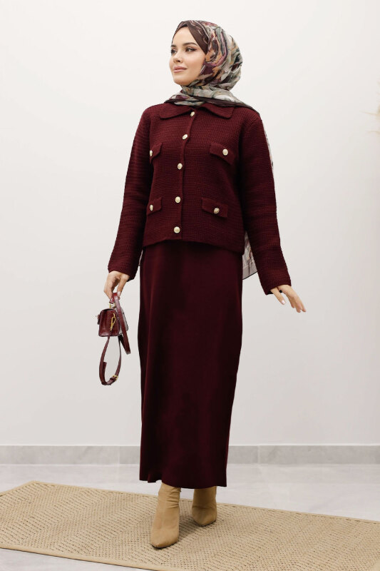 Süs Cepli Triko Hırka TSD250243 Mürdüm - 3