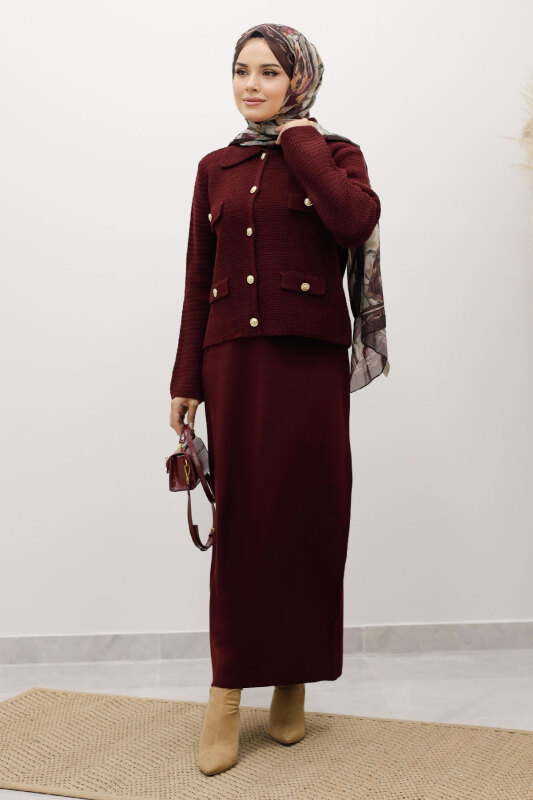 Süs Cepli Triko Hırka TSD250243 Mürdüm - 2