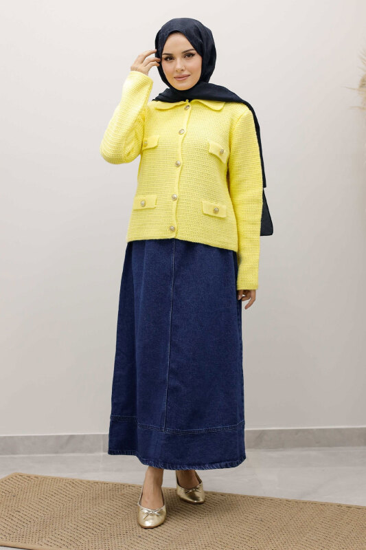 Süs Cepli Triko Hırka TSD250243 Sarı - TESETTÜR DÜNYASI