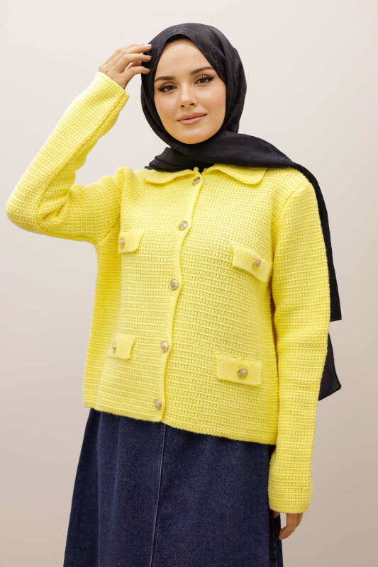 Süs Cepli Triko Hırka TSD250243 Sarı - TESETTÜR DÜNYASI (1)