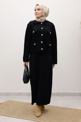 Süs Cepli Triko Hırka TSD250243 Siyah - TESETTÜR DÜNYASI