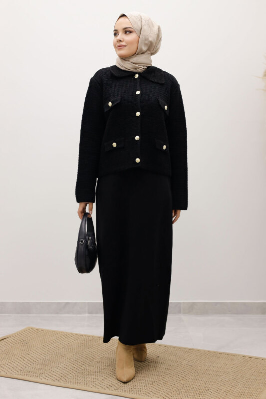 Süs Cepli Triko Hırka TSD250243 Siyah - TESETTÜR DÜNYASI