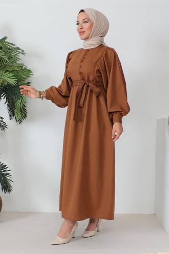 Süs Düğmeli Beli Kuşaklı Tesettür Elbise TSD240250 Kahverengi - 3
