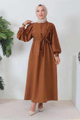 Süs Düğmeli Beli Kuşaklı Tesettür Elbise TSD240250 Kahverengi 