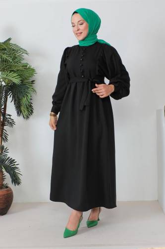 Süs Düğmeli Beli Kuşaklı Tesettür Elbise TSD240250 Siyah - 1