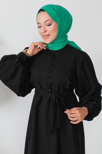 Süs Düğmeli Beli Kuşaklı Tesettür Elbise TSD240250 Siyah - 2