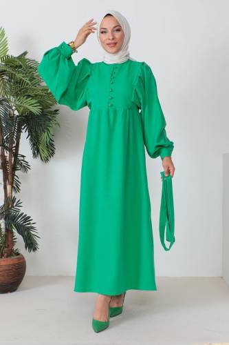 Süs Düğmeli Beli Kuşaklı Tesettür Elbise TSD240250 Yeşil - 3