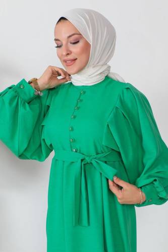 Süs Düğmeli Beli Kuşaklı Tesettür Elbise TSD240250 Yeşil - 2