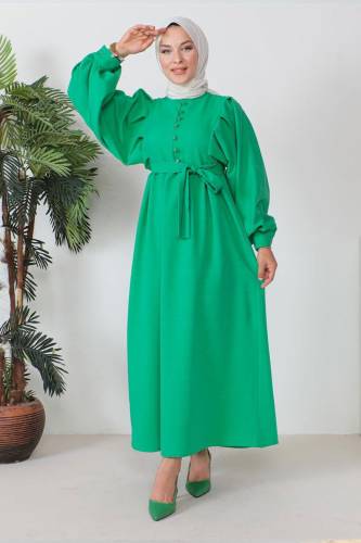 Süs Düğmeli Beli Kuşaklı Tesettür Elbise TSD240250 Yeşil 