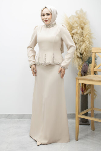 Taş İşlemeli Peplum Abiye TSD260195 Bej 