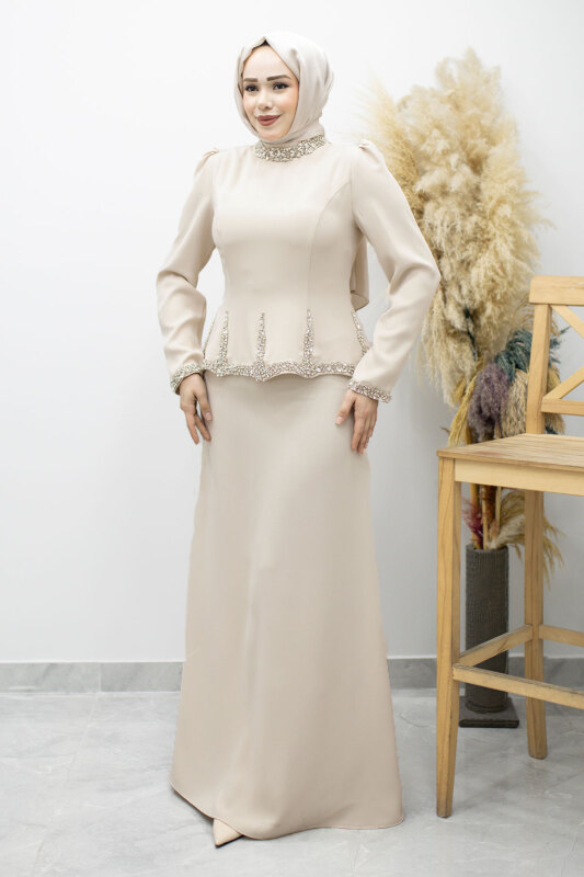 Taş İşlemeli Peplum Abiye TSD260195 Bej - Tesettür Dünyası