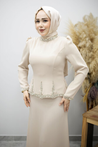 Taş İşlemeli Peplum Abiye TSD260195 Bej - 2