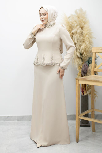 Taş İşlemeli Peplum Abiye TSD260195 Bej - 3