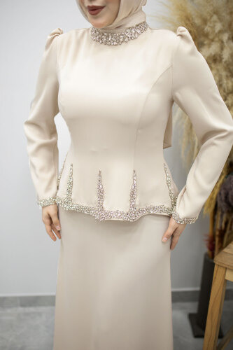 Taş İşlemeli Peplum Abiye TSD260195 Bej - 4