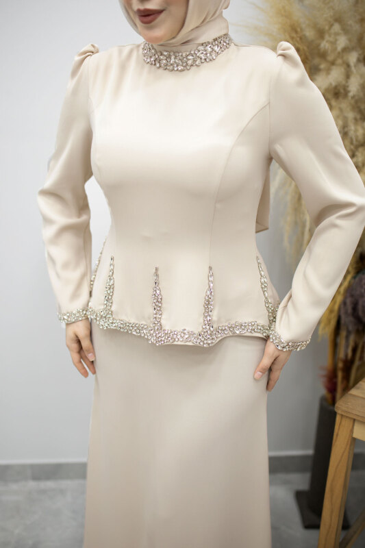 Taş İşlemeli Peplum Abiye TSD260195 Bej - 4