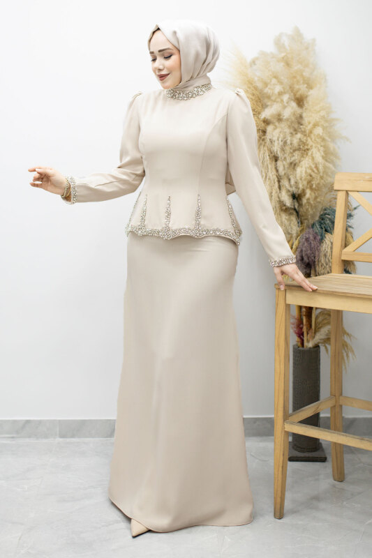 Taş İşlemeli Peplum Abiye TSD260195 Bej - 5