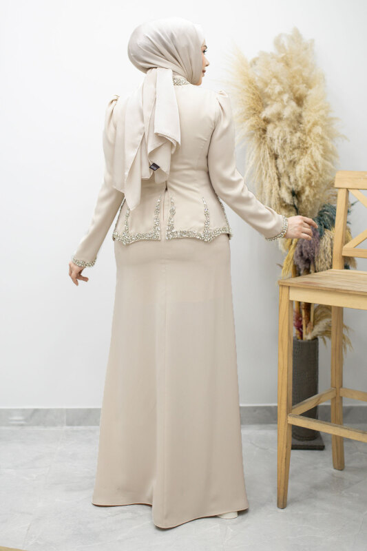 Taş İşlemeli Peplum Abiye TSD260195 Bej - 6