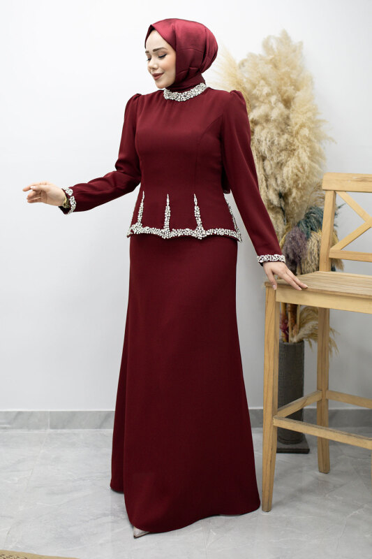 Taş İşlemeli Peplum Abiye TSD260195 Bordo - Tesettür Dünyası