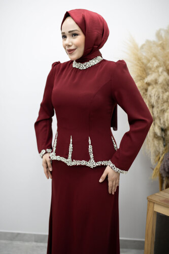 Taş İşlemeli Peplum Abiye TSD260195 Bordo - 2