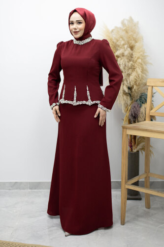 Taş İşlemeli Peplum Abiye TSD260195 Bordo - 3