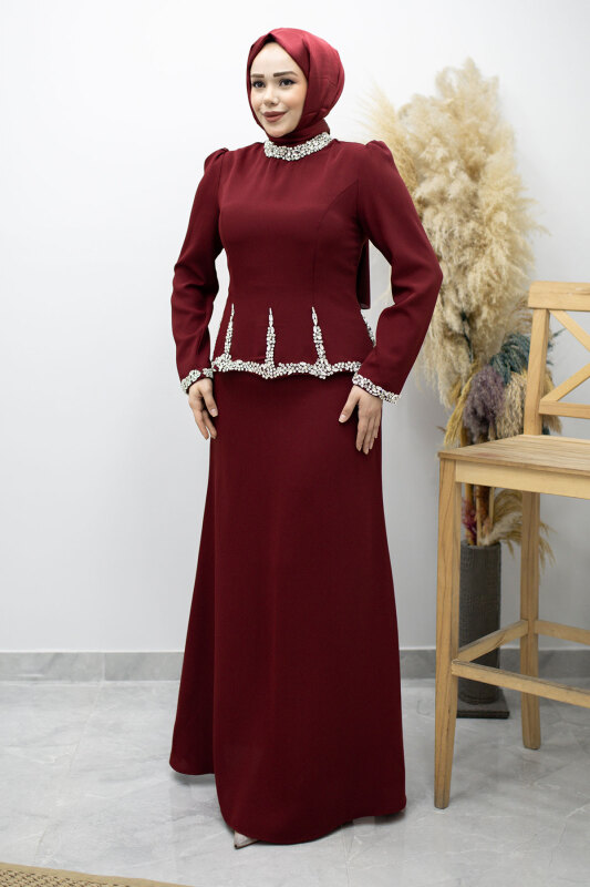 Taş İşlemeli Peplum Abiye TSD260195 Bordo - 3