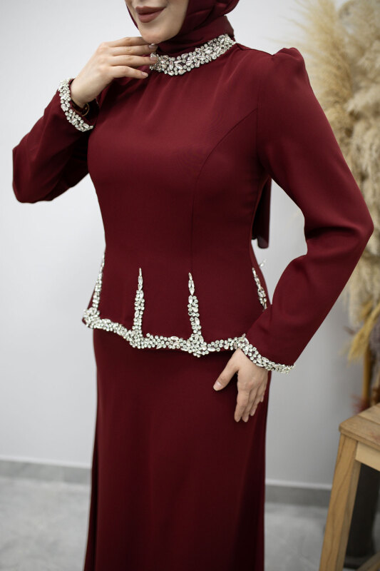 Taş İşlemeli Peplum Abiye TSD260195 Bordo - 4