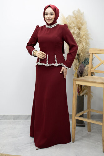 Taş İşlemeli Peplum Abiye TSD260195 Bordo - 5