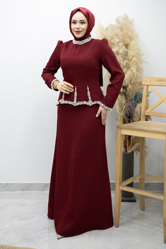 Taş İşlemeli Peplum Abiye TSD260195 Bordo - 5