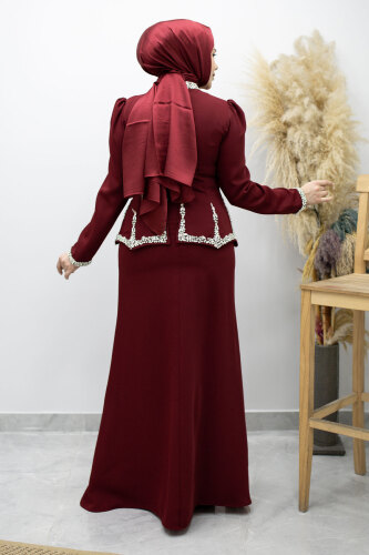 Taş İşlemeli Peplum Abiye TSD260195 Bordo - 6