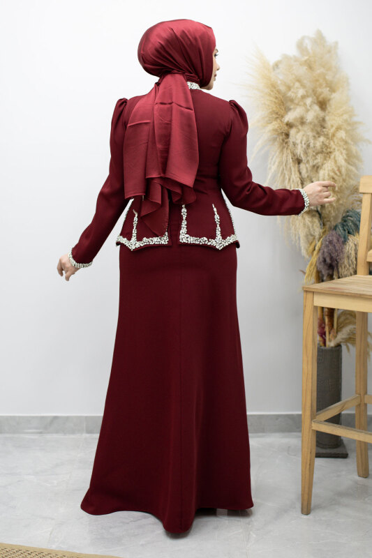 Taş İşlemeli Peplum Abiye TSD260195 Bordo - 6