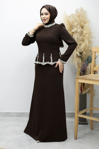 Taş İşlemeli Peplum Abiye TSD260195 Kahverengi 