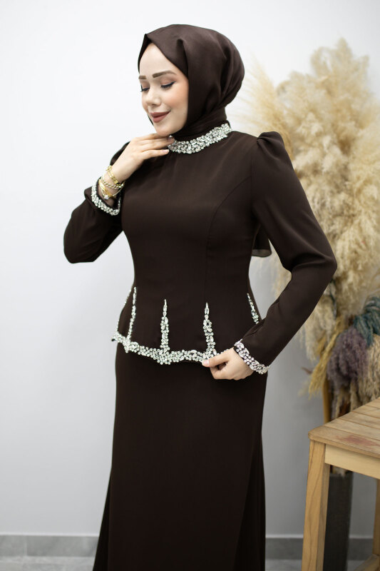 Taş İşlemeli Peplum Abiye TSD260195 Kahverengi - 2