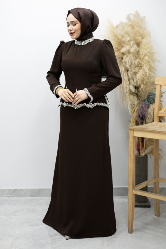 Taş İşlemeli Peplum Abiye TSD260195 Kahverengi - 3