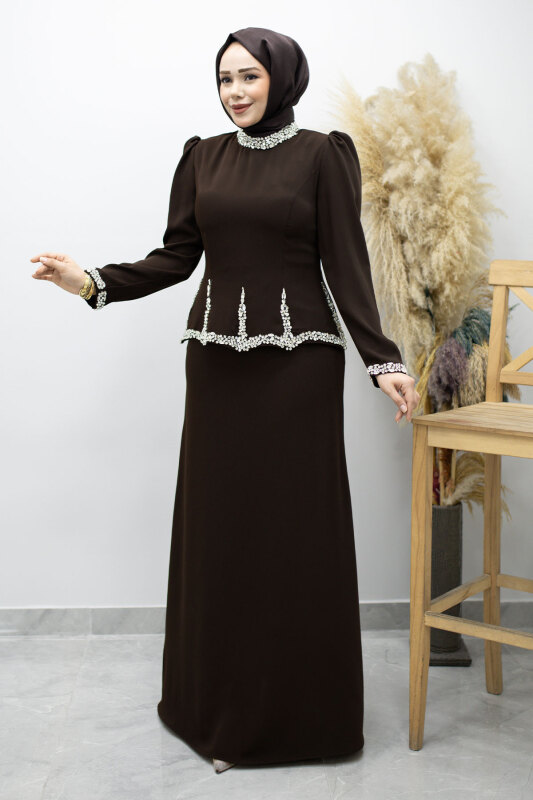 Taş İşlemeli Peplum Abiye TSD260195 Kahverengi - 5