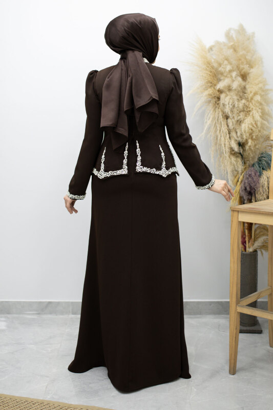 Taş İşlemeli Peplum Abiye TSD260195 Kahverengi - 6