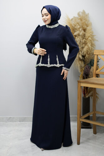 Taş İşlemeli Peplum Abiye TSD260195 Lacivert 