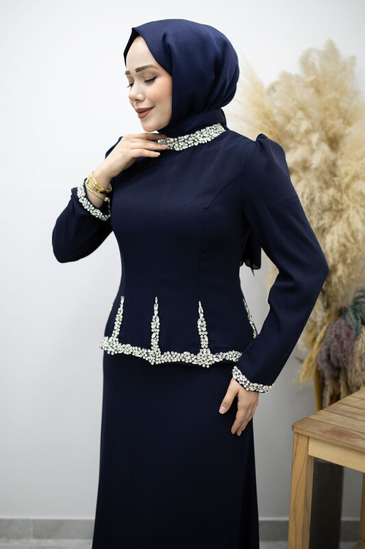 Taş İşlemeli Peplum Abiye TSD260195 Lacivert - Tesettür Dünyası (1)