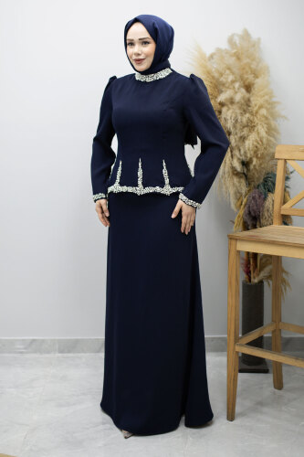 Taş İşlemeli Peplum Abiye TSD260195 Lacivert - 3