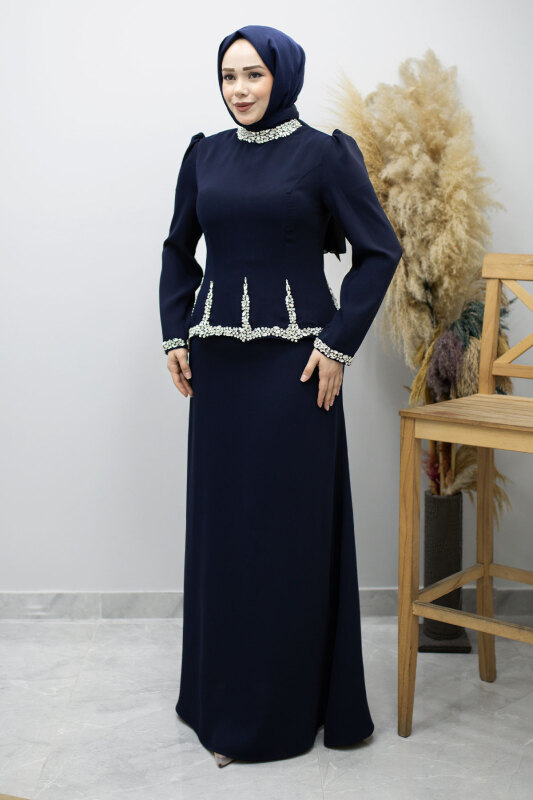 Taş İşlemeli Peplum Abiye TSD260195 Lacivert - 3