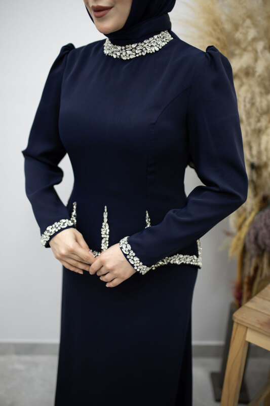 Taş İşlemeli Peplum Abiye TSD260195 Lacivert - 4