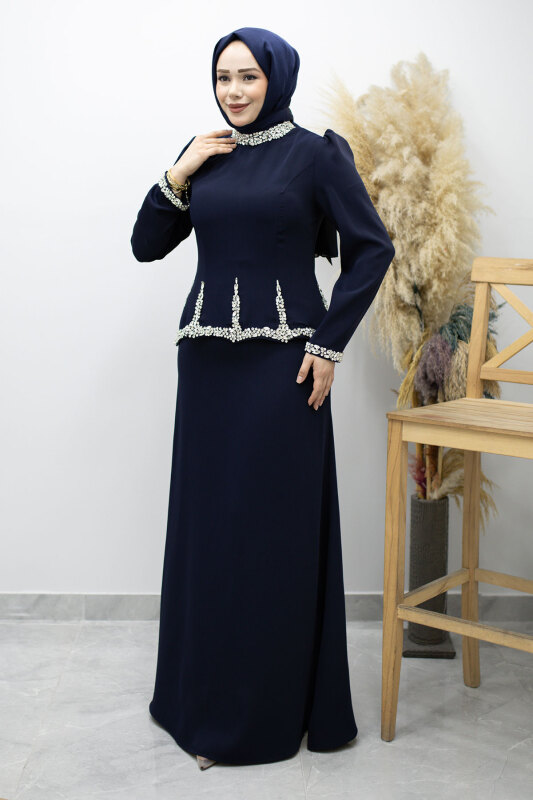 Taş İşlemeli Peplum Abiye TSD260195 Lacivert - 5