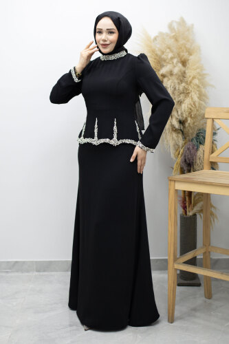 Taş İşlemeli Peplum Abiye TSD260195 Siyah - 1