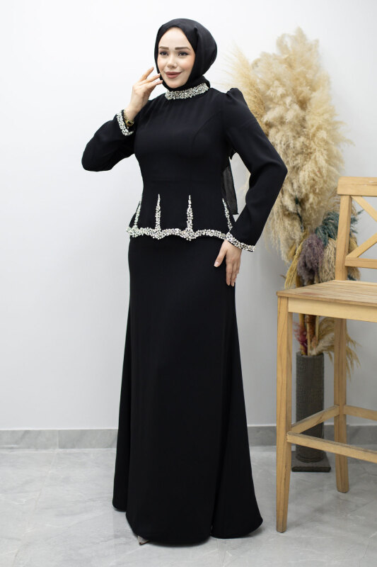 Taş İşlemeli Peplum Abiye TSD260195 Siyah - Tesettür Dünyası